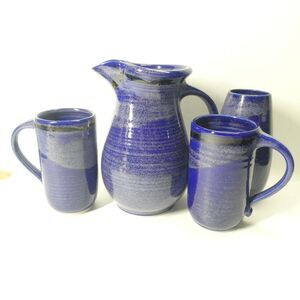 Blue Studio Art Pottery Set Vase Pitcher Mugs Signed Flash! Rhoda Fleischman